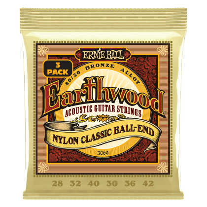 ERNIE BALL | 3069 28-42 Earthwood Nylon Classic Ball-End 80/20 Bronze Folk/Classical Guitar Strings 3 Pack | Троен пакет хибридни струни за класическа/фолк китара